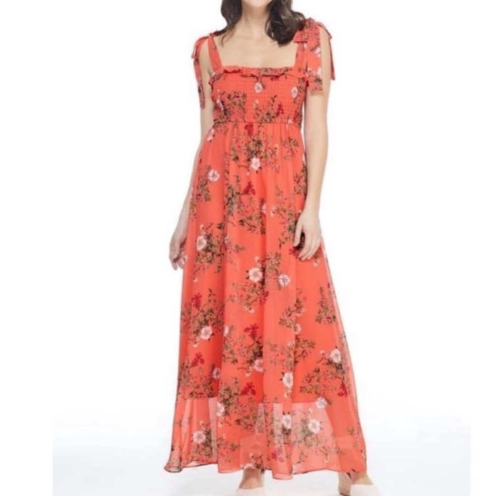 Gal Meets Glam Smocked Orange Pink floral Maxi Dress